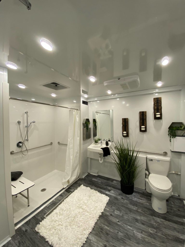 ADA 2-Stall Luxury Restroom Trailer Inside Shower View | The Lavatory Utah